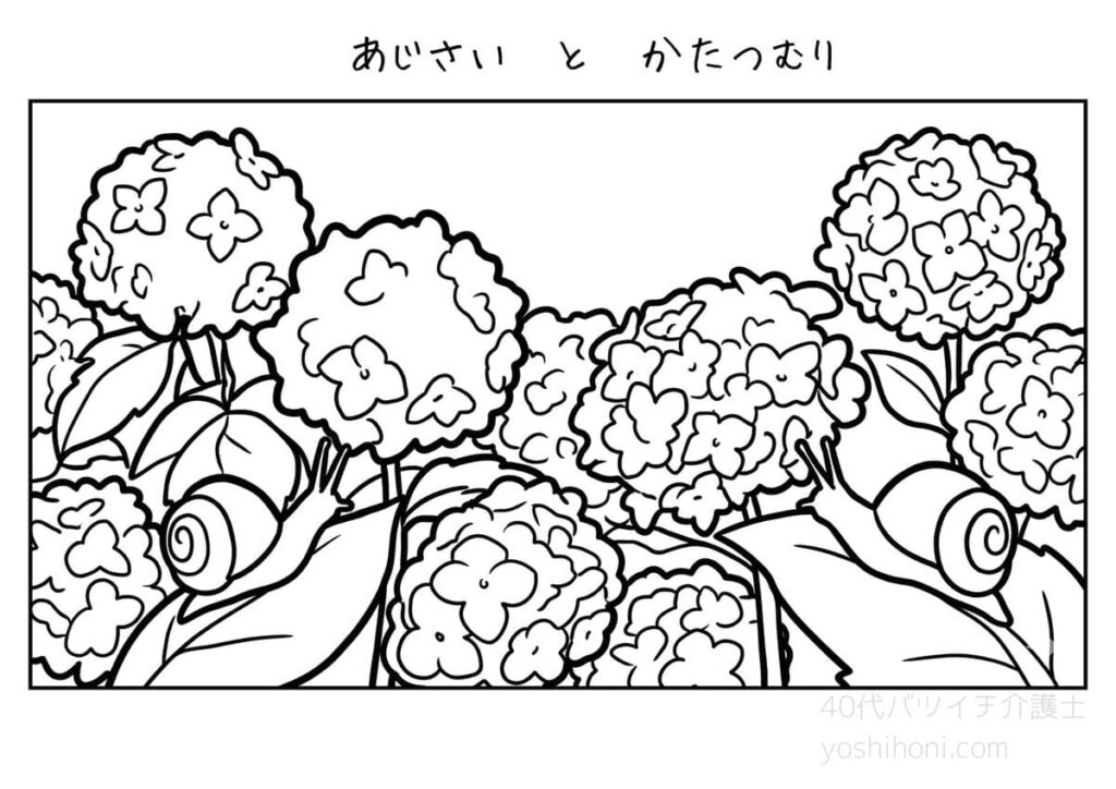 高齢者向け初夏の塗り絵「紫陽花とカタツムリ」のサンプル画像。太線でシンプルな白黒の線画。